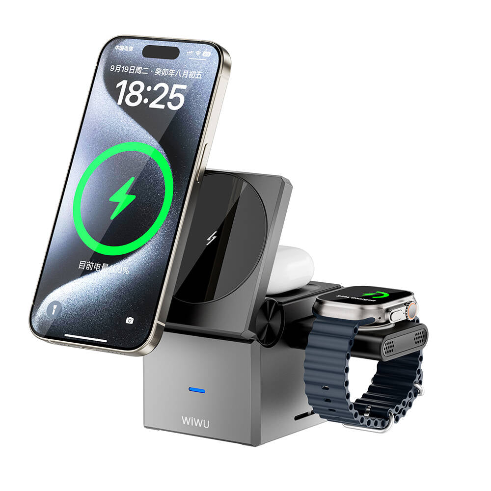 Wiwu Wi-W030 Small Square Cube Design 15W 3in1 Wireless Charging Stand for Phones &amp; Smartwatches &amp; Headphones Gray 
