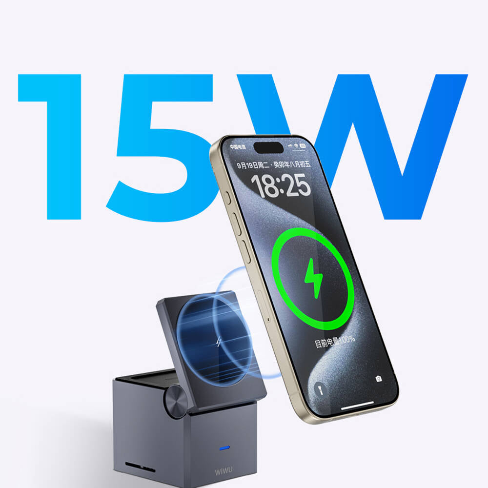 Wiwu Wi-W030 Small Square Cube Design 15W 3in1 Wireless Charging Stand for Phones &amp; Smartwatches &amp; Headphones Gray 