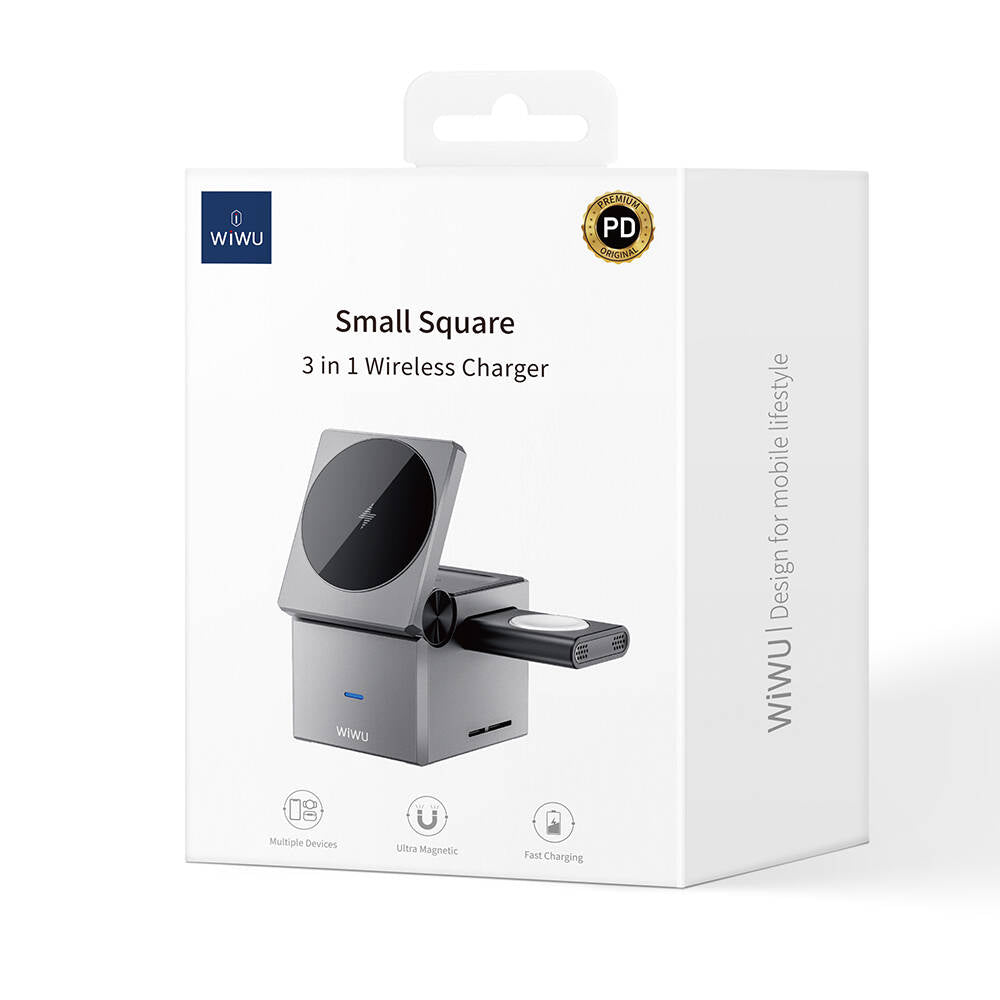 Wiwu Wi-W030 Small Square Cube Design 15W 3in1 Wireless Charging Stand for Phones &amp; Smartwatches &amp; Headphones Gray 