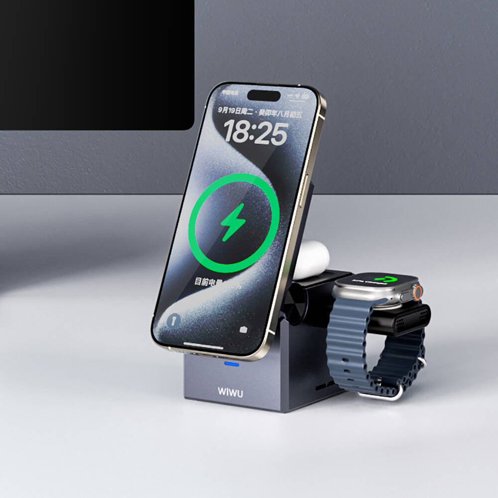 Wiwu Wi-W030 Small Square Cube Design 15W 3in1 Wireless Charging Stand for Phones &amp; Smartwatches &amp; Headphones Gray 