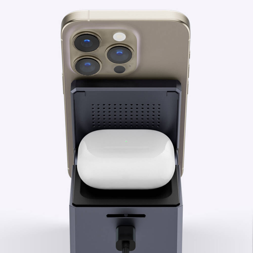 Wiwu Wi-W030 Small Square Cube Design 15W 3in1 Wireless Charging Stand for Phones &amp; Smartwatches &amp; Headphones Gray 