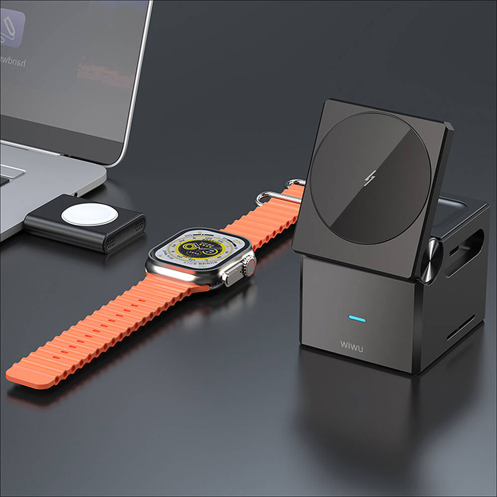 Wiwu Wi-W030 Small Square Cube Design 15W 3in1 Wireless Charging Stand for Phones &amp; Smartwatches &amp; Headphones Gray 