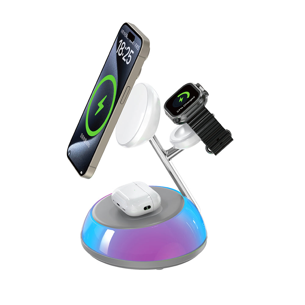 Wiwu Wi-W036 Qi2 3 in 1 Magnetic Fast Charging Wireless Charging Stand with Ambient Light 15W White