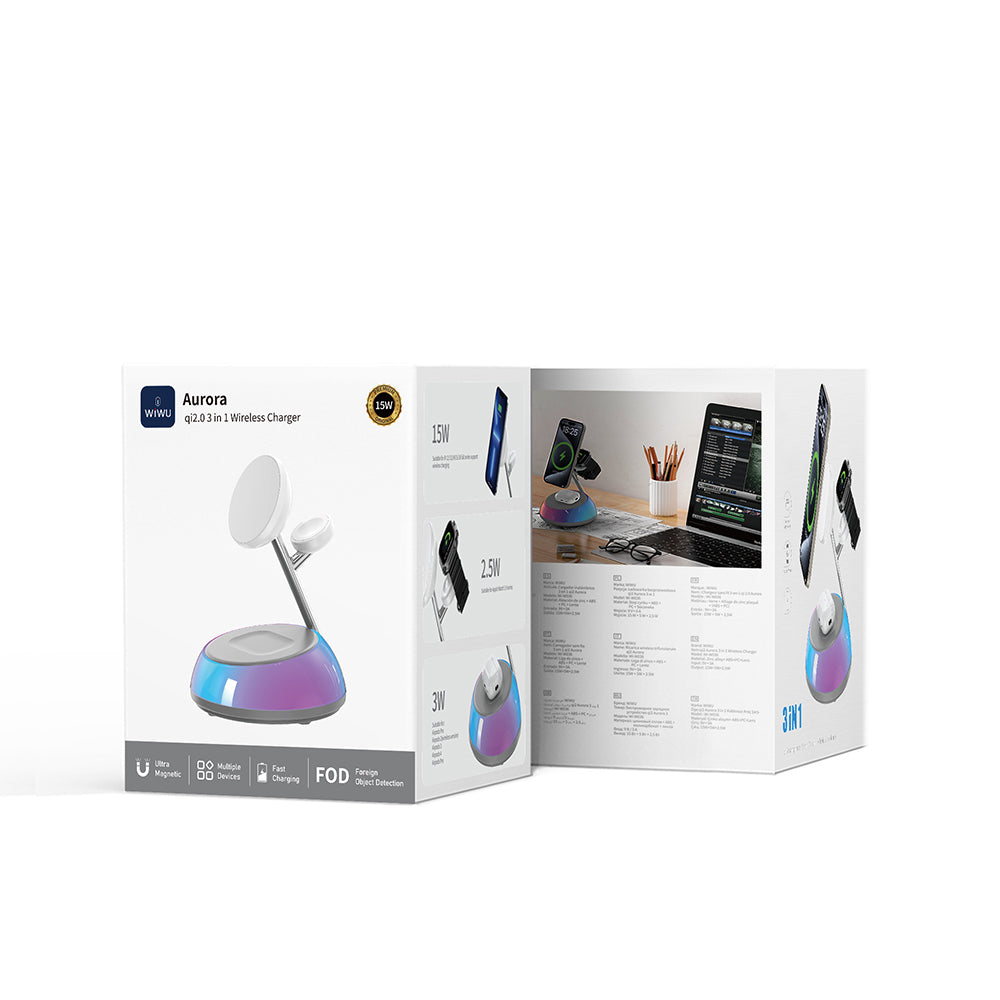 Wiwu Wi-W036 Qi2 3 in 1 Magnetic Fast Charging Wireless Charging Stand with Ambient Light 15W White