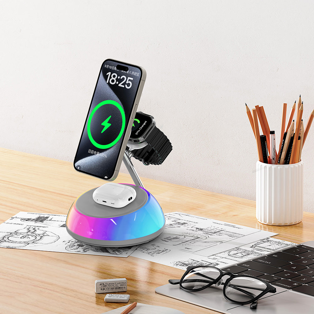 Wiwu Wi-W036 Qi2 3 in 1 Magnetic Fast Charging Wireless Charging Stand with Ambient Light 15W White