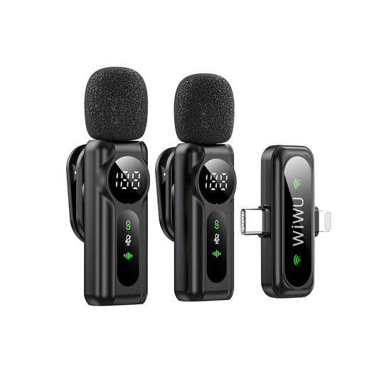 Wiwu Wi-WM007 2-in-1 Wireless Lavalier Microphone with Type-C and Lightning Port ANC, Black 