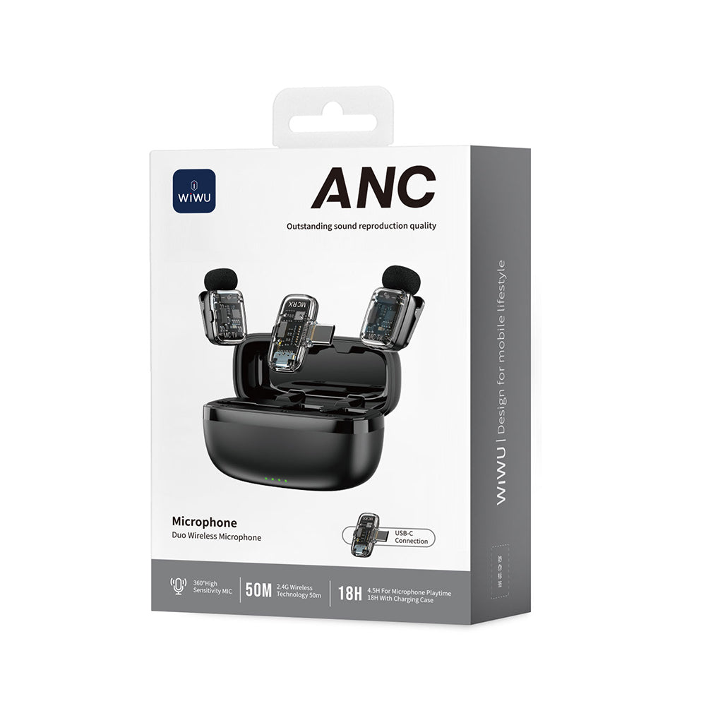 Wiwu Wi-WM008 2in1 Wireless Lapel Microphone with Type-C Port and ANC Feature Black 