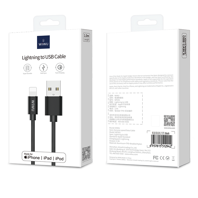 Wiwu WP201 MFI Lightning Cable Black