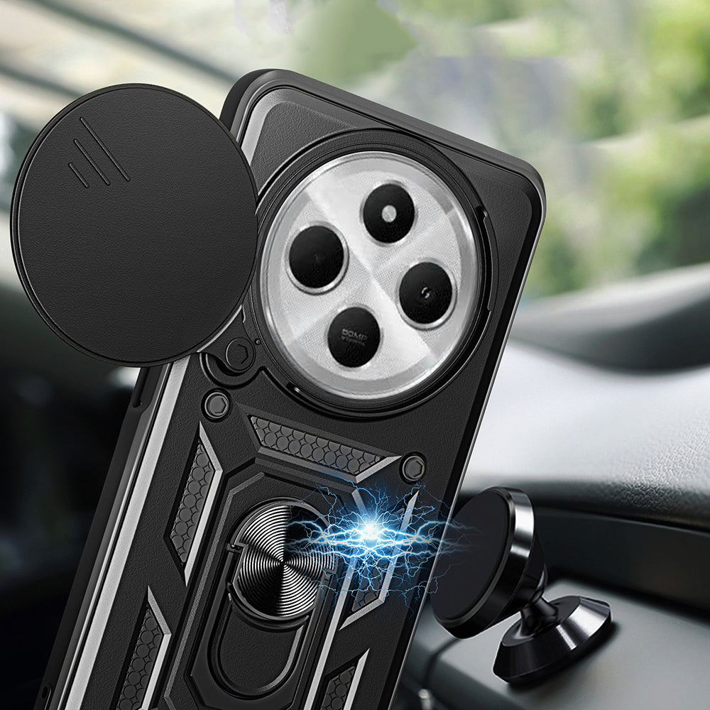 Xiaomi Redmi 14C 4G Kılıf Magnetik Standlı Kamera Korumalı Zore Sürgülü Vega Kapak Siyah