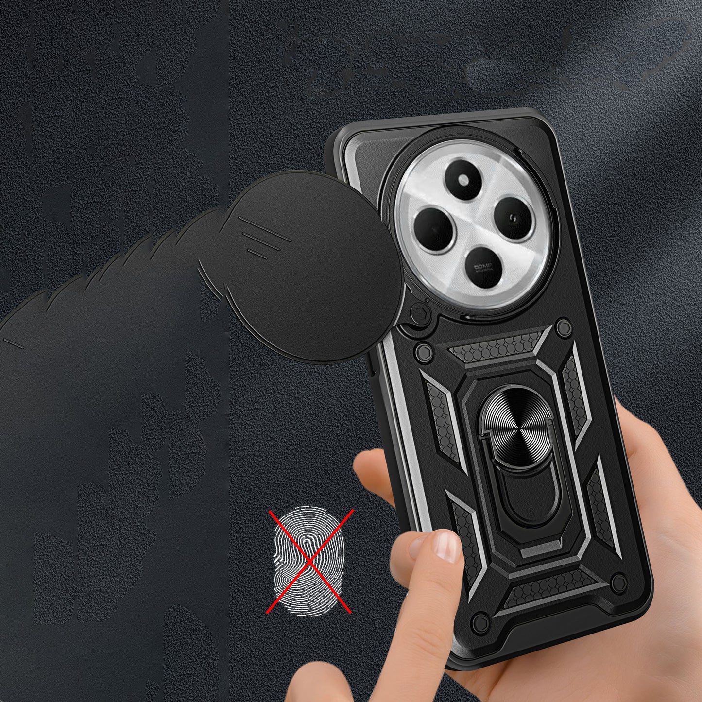 Xiaomi Redmi 14C 4G Kılıf Magnetik Standlı Kamera Korumalı Zore Sürgülü Vega Kapak Siyah