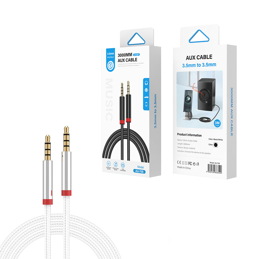 Zore AU-708 Braided Design Aux Audio Cable 3.5mm 3m White 