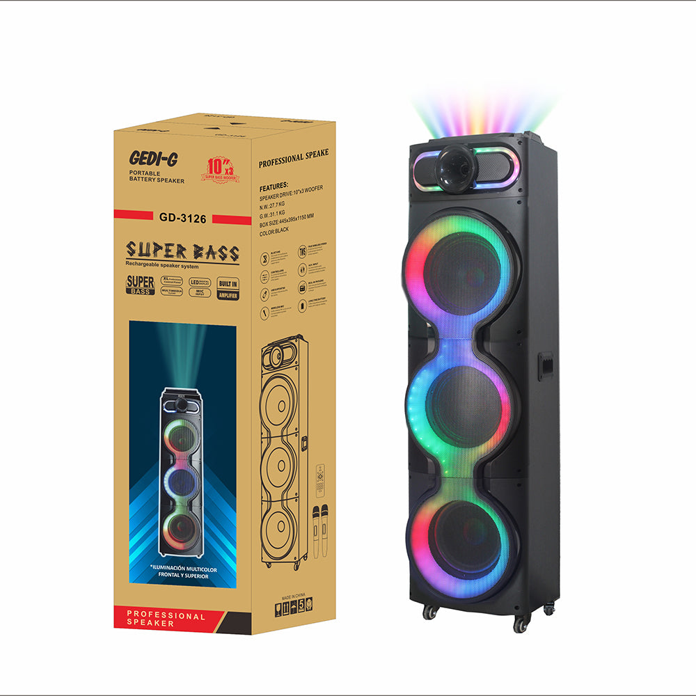 Zore GD-3126 Dijital LED Göstergeli Mikrofonlu RGB TWS Üçlü 10 inç Stereo Bass Kablosuz Karaoke Hoparlör Siyah